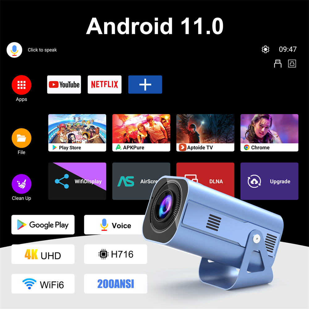 4K Smart Projector Android 11 Wifi 6 - 最新のAndroid 11搭載 H96 Max B11スマートプロジェクター、4K 720P解像度、200ANSI、BT5.0、Wifi6、180度対応