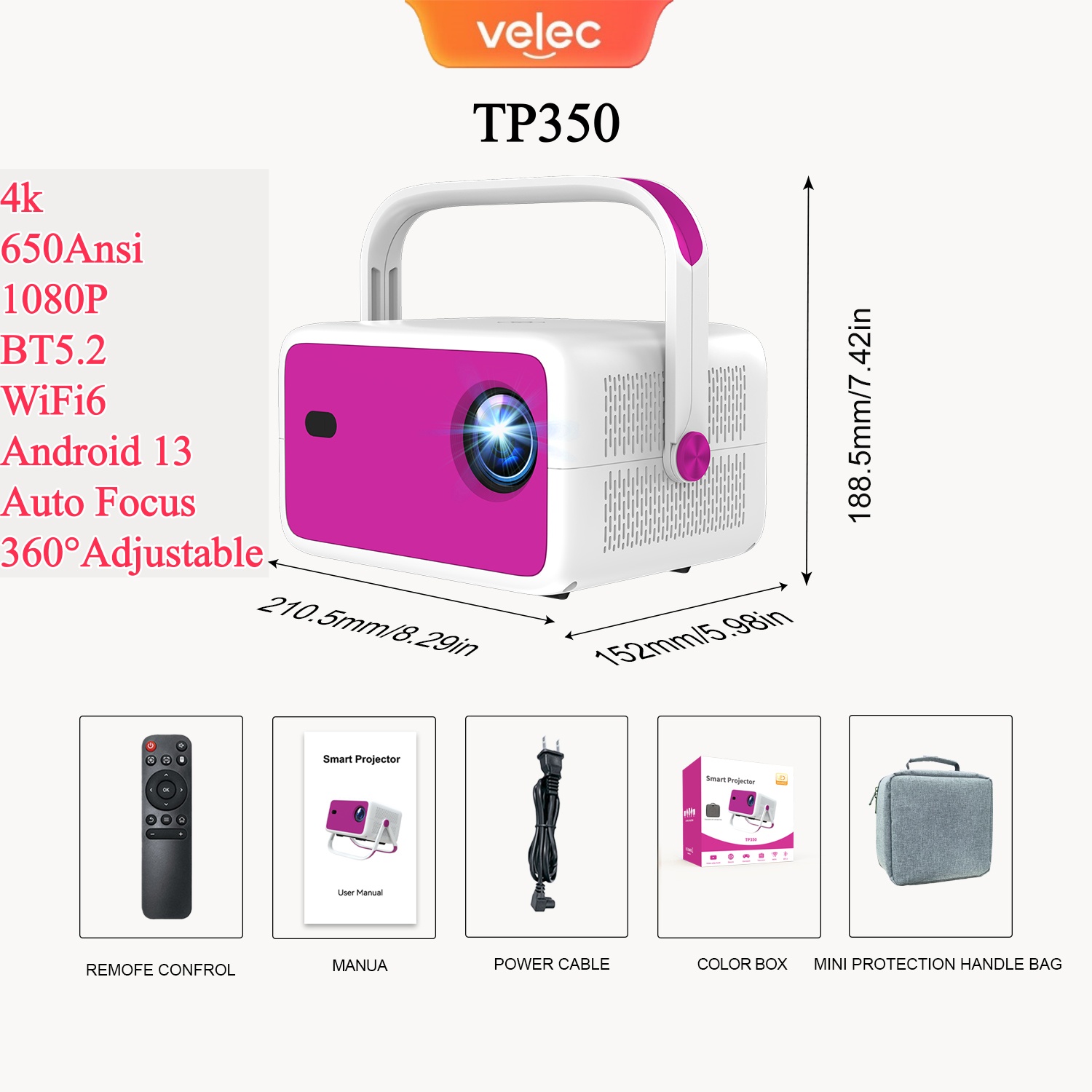 Velec 4K 1080P HDプロジェクター 650 A - 4K Smart Projector Android 11 Wifi 6 のレビューと価格